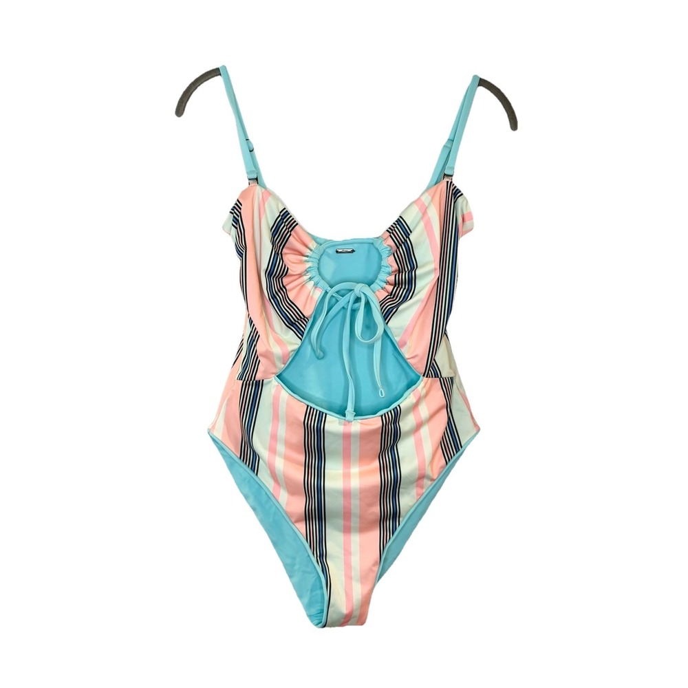 MAAJI Striped Reversible Cutout Tie Front One Piece Swimsuit Pink Blue Solid S - Picture 1 of 5